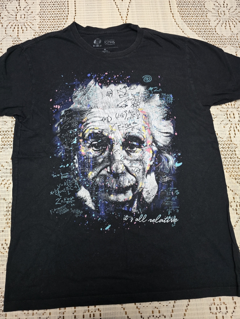 Black Graphic T-Shirt with Colorful Einstein Portrait